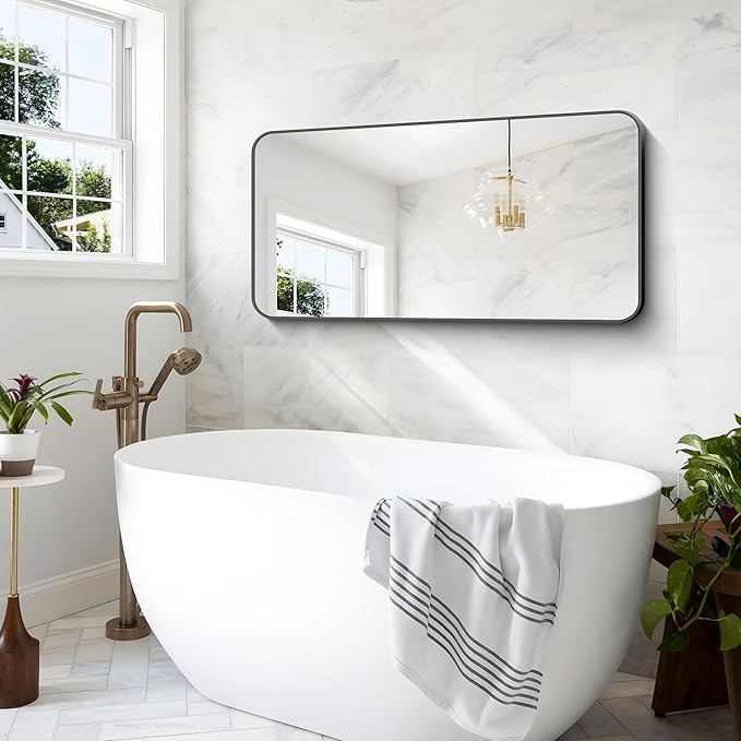 24x48 inch Bathroom Mirror,Black Rectangle Mirror,Wall Mounted Bathroom Frame Vanity Mirror with Round Corner for Bedroom Living Room, Entryway Hangs Horizontal or Vertical