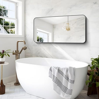 24x48 inch Bathroom Mirror,Black Rectangle Mirror,Wall Mounted Bathroom Frame Vanity Mirror with Round Corner for Bedroom Living Room, Entryway Hangs Horizontal or Vertical