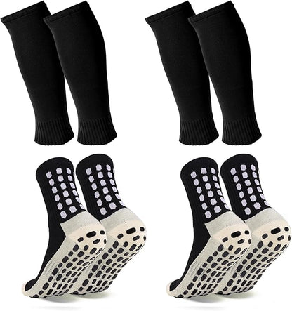 2 Set Grip Soccer Socks and Shin Guard Sleeves Non Slip Soccer Sleeve Socks for Men Women