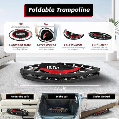 Kanchimi 550 LBS Foldable Mini Trampoline, 40" Fitness Trampoline Without armrests/U Shape Adjustable Foam Handle, Stable&Quiet Exercise Rebounder for Adults Indoor/Outdoor Workout