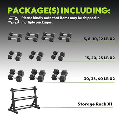 Hex Dumbbell Sets with Rack, 290-670 lb Rubber Encased Exercise & Fitness Dumbbells Set, Hand Weight for Strength Training, Weight Dumbbells