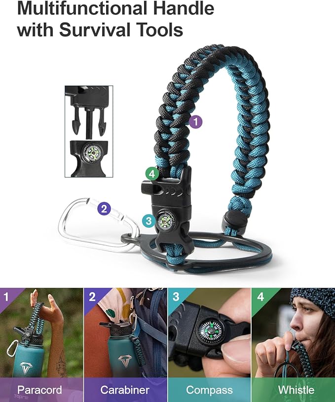 32oz Insulated Water Bottle,Stainless Steel Vacuum Water Bottle, BPA-Free & Leakproof -with Paracord Handle,Strap,Straw Spout Lids,Large Water Jug for Gym Sports