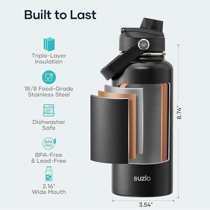 BUZIO Stainless Steel Water Bottle (Cold for 48 Hrs, Hot for 24 Hrs), 32 oz Vacuum Insulated Water Bottle with Straw Lid and Flex Cap (Double Wall, Wide Mouth, BPA Free, Leak Proof), Black