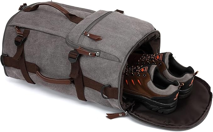 Kalesi Gym Duffle Bag Backpack 4-Way Vintage canvas with Shoes Compartment for travel Sport Hiking laptop (Vintage grey)