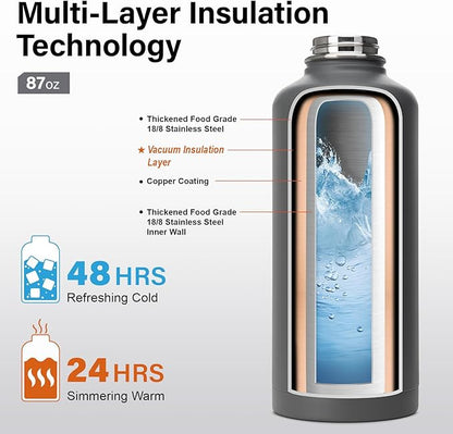 Insulated Water Bottle | Thickened Stainless Steel for Gym and Hiking with Straw, Carrier Bag, Handle Strap | BPA-Free 87 oz