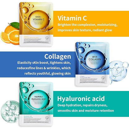 12 Pack Sheet Face Masks Skincare (Collagen, Hyaluronic acid, Snail, Retinol, Vitamin C, Niacinamide) Collagen Face Mask Hydrating Face Masks for Women Skin Care, Moisturizing, Brightening, Anti-Aging