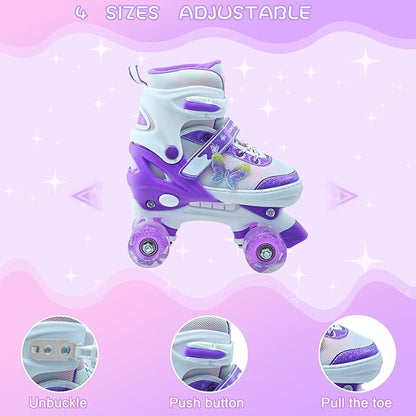 Kids Roller Skates for Girls-Outdoor 4 Size Adjustable Butterfly Quad Rollerskates for Indoor Ages 3-12 Years Beginners Children's Birthday Gift with Light Up Wheels patines para niñas Indoor