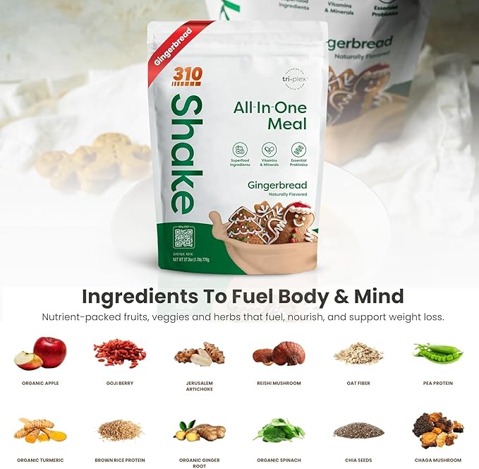 310 Nutrition All-In-One Meal Replacement Shake Powder - Plant-Based Protein Smoothie Blend w/High Fiber, Probiotics & Adaptogens - Low Carb, Vegan, Keto & Paleo Friendly - Gingerbread - 28 Srv