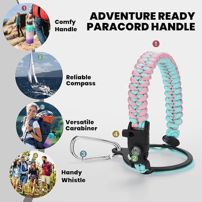 Insulated Water Bottle 87 oz, Triple Wall Vacuum Stainless Steel (Cold for 48 Hrs), Leak Proof & Non-BPA, Modern Water Flask Jug with Paracord Handle & Straw Spout Lids, Hydrangea