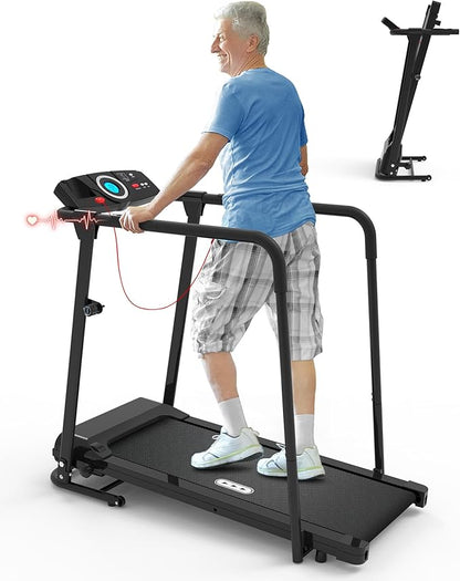 CIIHI Walking Treadmill for Senior - Foldable Senior Treadmill with 300 lbs Capacity and Long Handrails - Home Recovery Fitness Exercise Machine for Elder with Heart Rate Monitor
