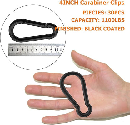 30Pack Carabiner Clips Heavy Duty, 4” Large Spring Snap Hooks Bulk, Galvanized Black 3/8” Carabiners for Camping, Solid Spring Clips for Home Gym Hanging Hammocks Swing Hiking-1100lbs Holding Capacity