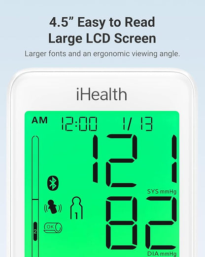 iHealth Accu Luminate Arm Blood Pressure Monitor – 4.5" Large Tri-Color WHO-Based LCD, Clinically Validated Accuracy, Irregular Heartbeat Alert, Bluetooth Cloud Sync, Adjustable Large 8.6"–17" Cuff