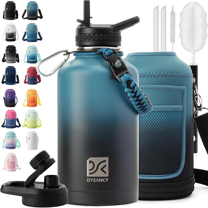 Insulated Water Bottle | Thickened Stainless Steel Vacuum Metal | Portable Sports Half Gallon Large Water Jug for Gym and Hiking with Straw, Carrier Bag, Handle Strap | BPA-Free 64 oz