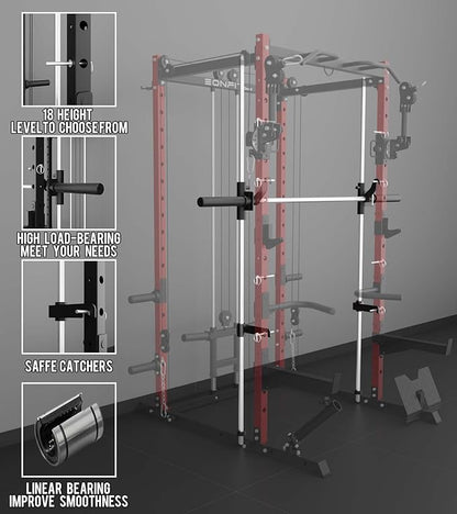 Eonfit E3 Smith Machine with 360°Rotating Arm for Home Gym Equipment, Multi-Function Power Cage Squat Rack with Cable Crossover LAT Pulldown Pulley System All in One