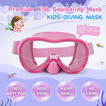 Kids Swim Goggles 180° Snorkel Diving Mask with Nose Cover, Anti-Fog Kids Swimming Goggles with Elastic Fabric Strap for Kids Boys Girls
