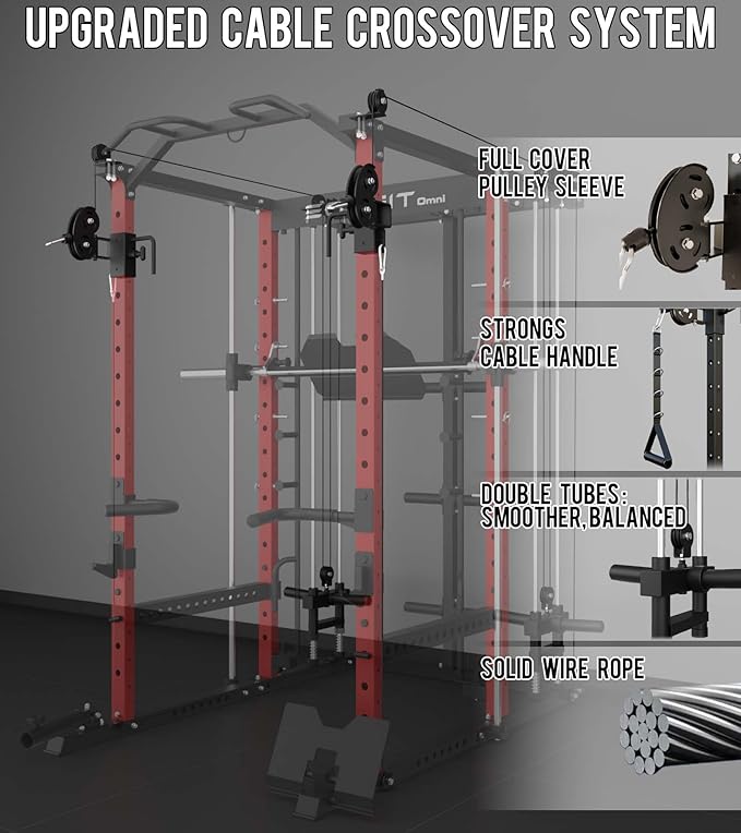 Eonfit E5 Smith Machine with Vertical Leg Press, Power Cage Squat Rack with LAT-Pull Down Cable Crossover Rotating Arms System Home Gym Equipment All in One (E5 RED)