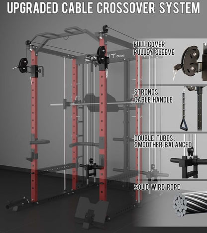 Eonfit E5 Smith Machine with Vertical Leg Press, Power Cage Squat Rack with LAT-Pull Down Cable Crossover Rotating Arms System Home Gym Equipment All in One (E5 RED)