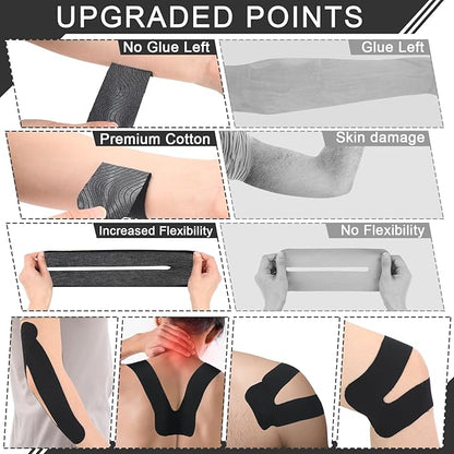 12 Pcs Precut Kinesiology Tape for Knees Waterproof Sport Knee Tape Elastic Breathable Latex-Free Athletic Tape Knee Pain Relief Tape for Knee Tendons Support Strips Fitness(Black)