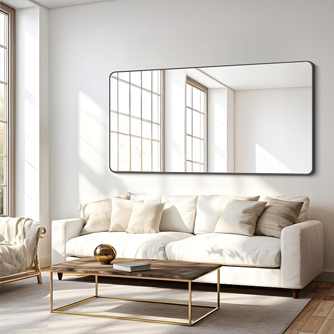 FORBATH Bathroom Mirror 30" X 60"，Large Rectangular Wall Mirror, Black Metal Framed Rounded Corner Wall Mounted Mirror for Bathroom Bedroom Entryway Decor(Horizontal/Vertical)