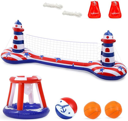 EagleStone Inflatable Pool Float Set with Volleyball Net & Basketball Hoop,2-in-1 Floating Water Games for Kids Adults, Backyard Beach Summer Toys, Heavy-Duty PVC Family Pool Party Essentials