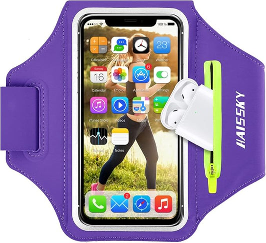 HAISSKY Cell Phone Running Armband with Airpods Zipper Pocket Armband Case Running Holder for iPhone 16/15/ 14/13 / 12 /11Pro Max,Galaxy S20 S10,Sweatproof Arm Band with Card/Key Bag