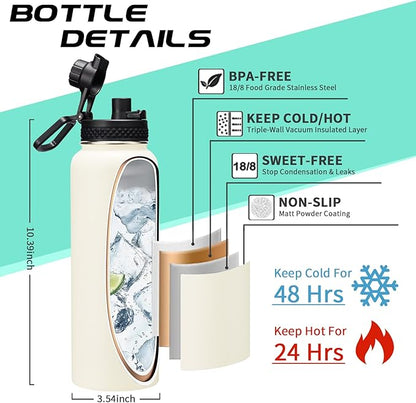 40oz Insulated Water Bottle - w/Straw Spout Lid, Bottle Holder with Strap, Paracord Handle, Protective Bottom Boot, Stainless Steel Metal Thermo Jug Flask Cold 48h & Hot 24h, Cream White