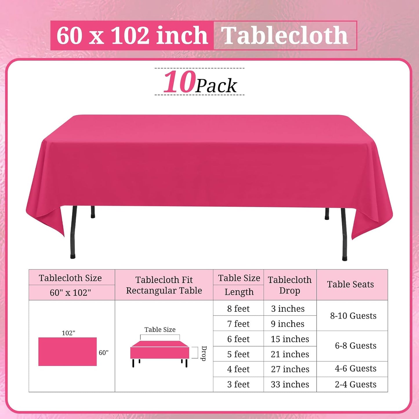 10 Pack Hot Pink Tablecloths for 6 Foot Rectangle Tables 60 x 102 Inch - 6ft Rectangular Bulk Polyester Fabric Table Clothes for Wedding Buffet Party Banquet Reception Restaurant and Camping