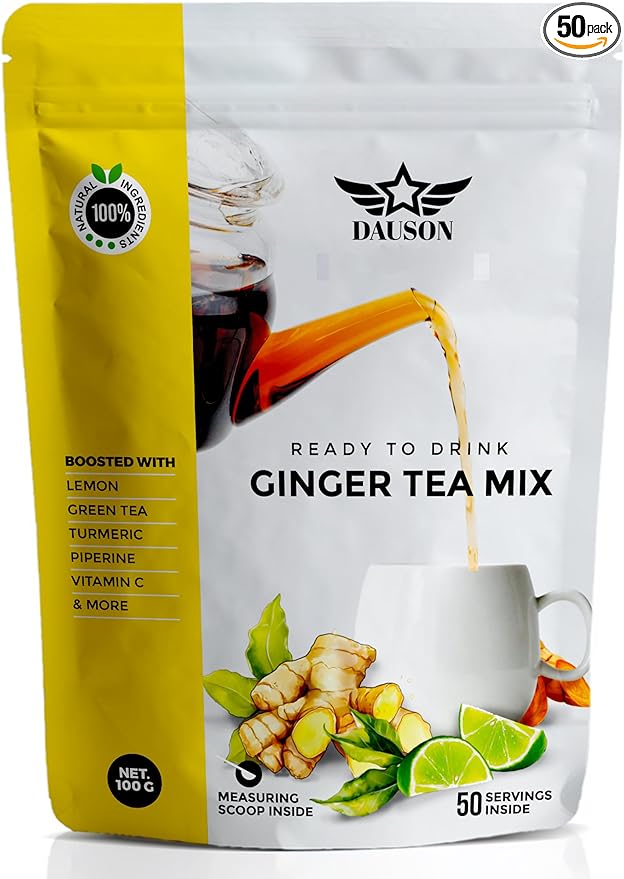 Ginger Tea Mix – 50 Servings | Instant Powder with Lemon, Turmeric, Licorice & Vitamin C | Caffeine-Free Herbal Blend with Green Tea Extract & Black Pepper | Natural Detox & Immune Support