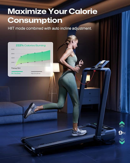 Smart Treadmill with 9% Auto Incline, Hiking and Running Walking Pad Treadmills for Home Office, Treadmill with UREVO APP, AI Powered Music Course, HIIT Programs Synced to Scenic Route, One-Click Mute