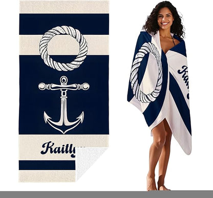 JML Personalized Beach Towel with Name, Custom Anchor Beach Towel, Customized Microfiber Pool Towel, Quick Dry & Absorbent Swim Towel for Adult,Mother's Day, Birthday, Summer Holiday,Vacation