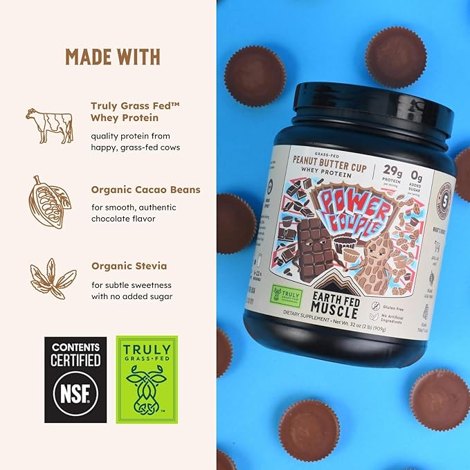 Earth Fed Muscle Power Couple Peanut Butter Chocolate Truly Grass Fed Whey Protein Isolate - NSF-Certified. No Artificial Ingredients, Soy Free, Gluten Free, Non-GMO & Hormone Free 26 Servings