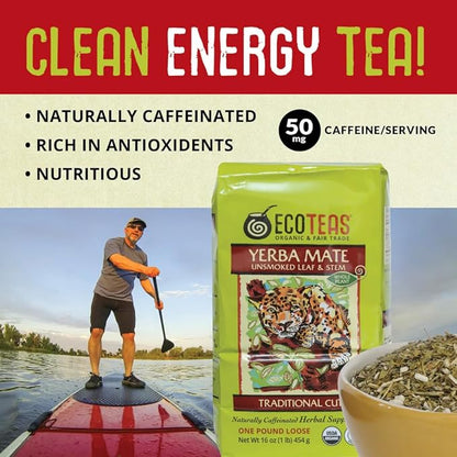 ECOTEAS Organic Yerba Mate Loose Leaf Tea – Unsmoked Detox Herbal Tea for Natural Energy – Coffee Alternative - Kosher, Non-GMO, Gluten-Free - Traditional Cut, 1 lb (Pack of 3)