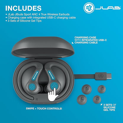JLab JBuds Sport ANC 4 True Wireless Bluetooth Earbuds + Charging Case, Graphite, Swipe + Touch Controls, Hybrid Active Noise Cancelation, Multipoint Connect, Customized Settings App