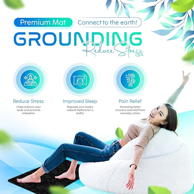 Grounding Mat for Feet, Chair & Yoga | Earthing Grounding Mat for Pain Anxiety Pain Relief, Inflammation | Spacious Grounding Pads for Sleep & Wellness | Includes Grounding Tester, Cable & Mat Tester