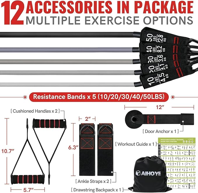 Aihoye Resistance Bands for Working Out, Exercise Bands with Handles, Stretch Bands for Exercise, Workout Bands with Door Anchors for Physical Therapy & Strength Training