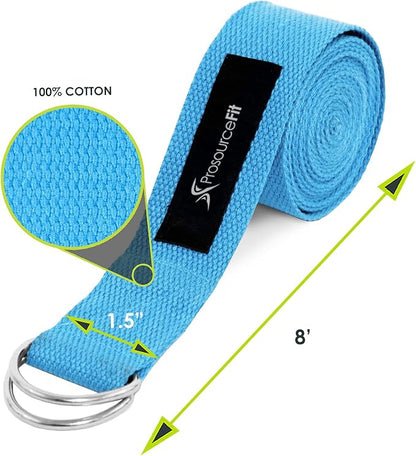 ProsourceFit Metal D-Ring Yoga Strap 8’ Durable Cotton for Stretching and Flexibility