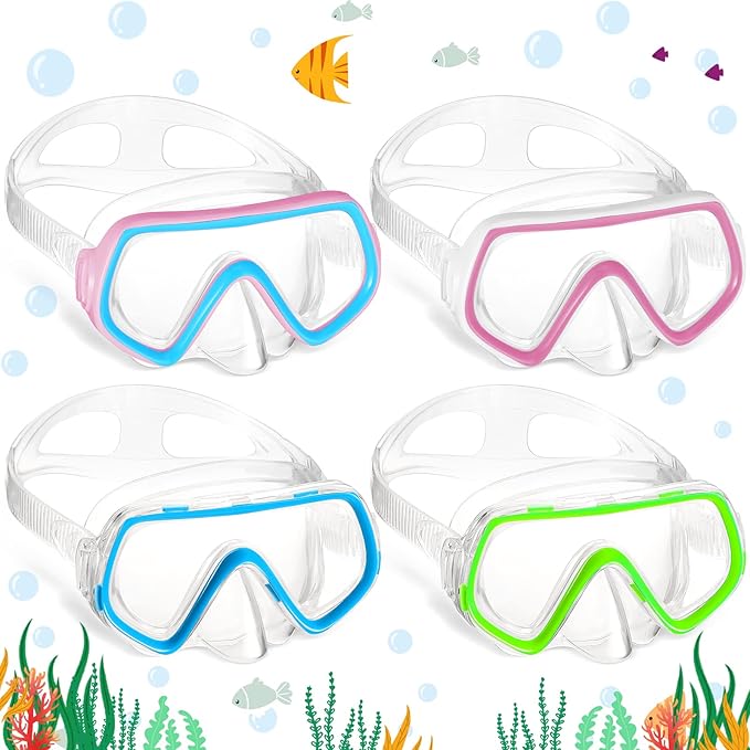 Hoolerry 4 Pcs Kids Nose Goggles Swim Goggles with Nose Cover for 3-8 Tempered Glass Snorkel Dive Mask Anti Fog with Elastic Strap No Leak Swimming Mask for Summer Diving Snorkeling