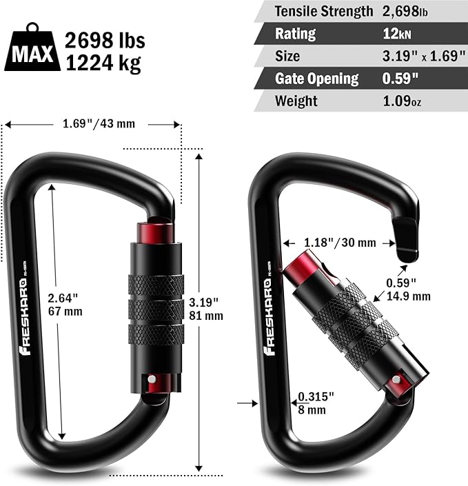 FresKaro 3inch 12kN-2698lbs Auto Locking Carabiner Clips, Solid D Shape, Heavy Duty 7075 Aluminum, Lightweight 1.09oz, Rust Proof, for Hammock, Hiking, Dog Leash, Keychain etc., Multi-Colors