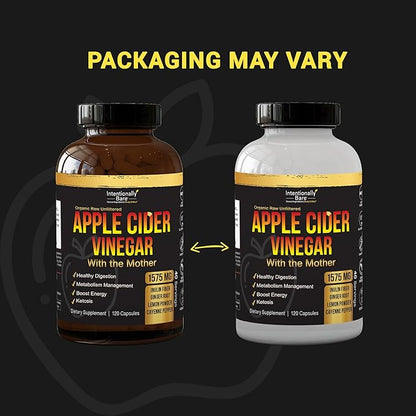 Intentionally Bare Apple Cider Vinegar with Mother Capsules - ACV Capsules with Ginger, Lemon, Cayenne and Inulin - Keto Friendly and Gluten Free for Energy, Immunity and Gut Health - 120 Capsules