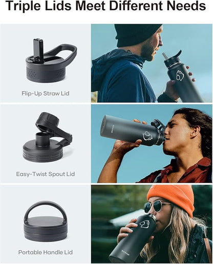 BUZIO 40 oz Water Bottle Insulated with Straw & 3 lid and Carrying Pouch, Leak Proof Anti-Slip Stainless Steel Water Flask Jug, Cold for 48 Hrs Double Vacuum Thermo Canteen, BPA-Free, Shadow