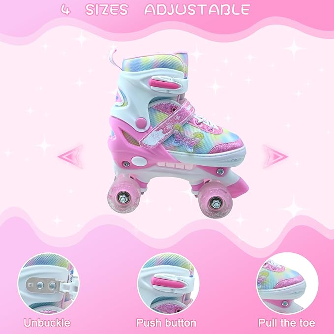 Kids Roller Skates for Girls-Outdoor 4 Size Adjustable Butterfly Quad Rollerskates for Indoor Ages 3-12 Years Beginners Children's Birthday Gift with Light Up Wheels patines para niñas Indoor