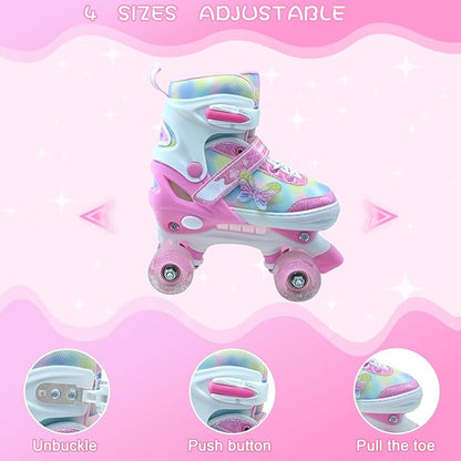 Kids Roller Skates for Girls-Outdoor 4 Size Adjustable Butterfly Quad Rollerskates for Indoor Ages 3-12 Years Beginners Children's Birthday Gift with Light Up Wheels patines para niñas Indoor