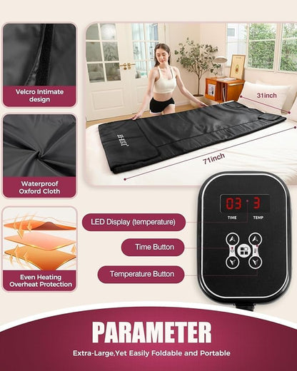 Infrared Sauna Blanket - Portable Far Infrared Sauna for Home Relaxation - PU Sauna Blanket - Infrared Blanket Sauna with 77–176 °F Temp Range（Pure Black）