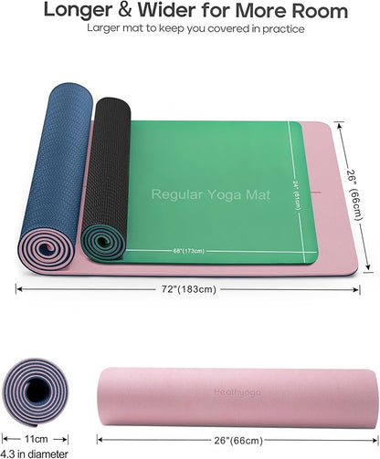 Heathyoga Eco Friendly Non Slip Yoga Mat, Body Alignment System, SGS Certified TPE Material - Textured Non Slip Surface and Optimal Cushioning,72"x 26" Thickness 1/4"