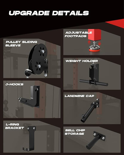 Folding Power Rack, Wall Mounted Squat Rack with Dual Independent Pulley System, Multi-Function Power Cage with 5 Adjustable Function Modes, Power Rack Trainer for Space Saving Home Gym