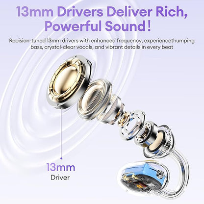 2 in 1 Clip on Open Ear Headphones Wireless Earbuds, 0 Delay Bluetooth 6.0, Ultra-Long 140H Play, Auto L-R Recognition Touch Control, Hybrid Noise Reduction for Work Fitness Daily Use, Ctbuds Purple