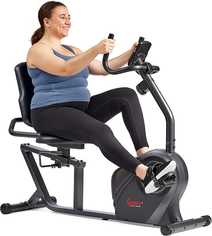 Sunny Health & Fitness Smart Heavy-Duty Recumbent Bike w/Wide Cushioned Seat & Back, Indoor Cycling Machine for Adult/Seniors Home Exercise, Free SunnyFit App Connect, Optional Workout Training Bands