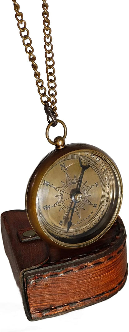 2 Inch Brass Compass With Chain Leather Case