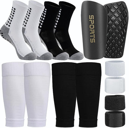 2 Pair Kids Grip Soccer Socks and 2 Pair Shin Guard Sleeves,1 Pack Shin Guards and 4 Shin Straps for Soccer Football Sports