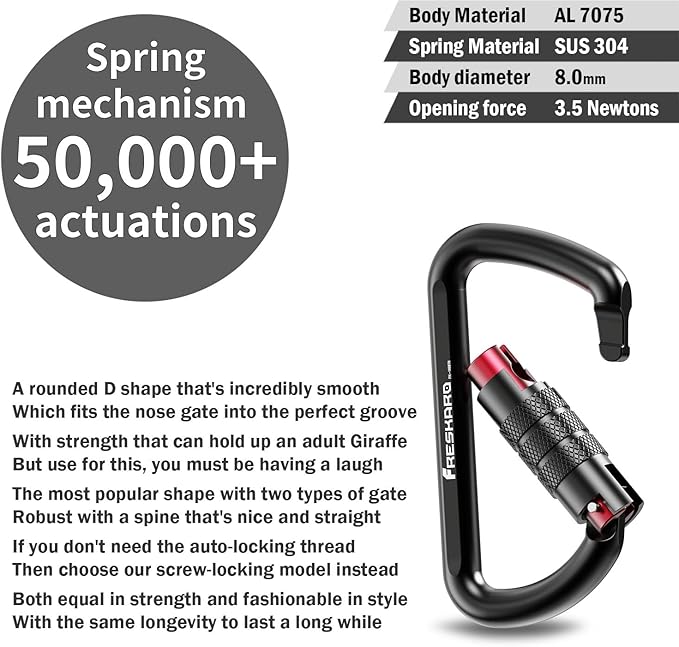 FresKaro 3inch 12kN-2698lbs Auto Locking Carabiner Clips, Solid D Shape, Heavy Duty 7075 Aluminum, Lightweight 1.09oz, Rust Proof, for Hammock, Hiking, Dog Leash, Keychain etc., Multi-Colors